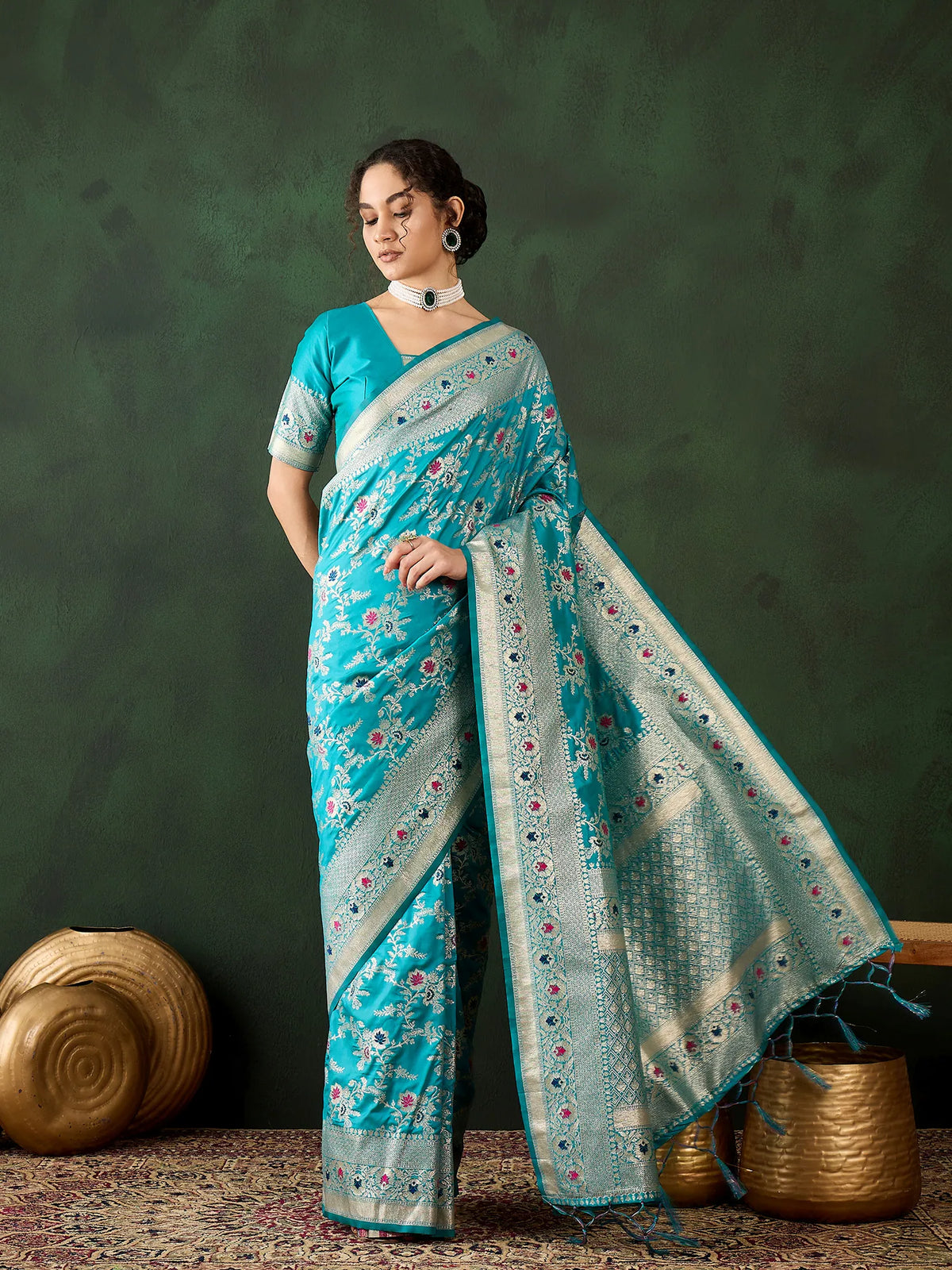 Womens Fashion Ethnic Teal Color Sarees-MLSHWSA1461TEL0ONE