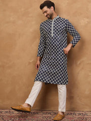 Ethnic Bay Men Blue Viscose Rayon Shibori Embroidered Straight Kurta With Pant Set-MKSET1534