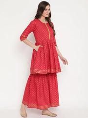 Women's Red Pure Cotton Gold Print Sharara Set-AHKUGH-COMBO-334