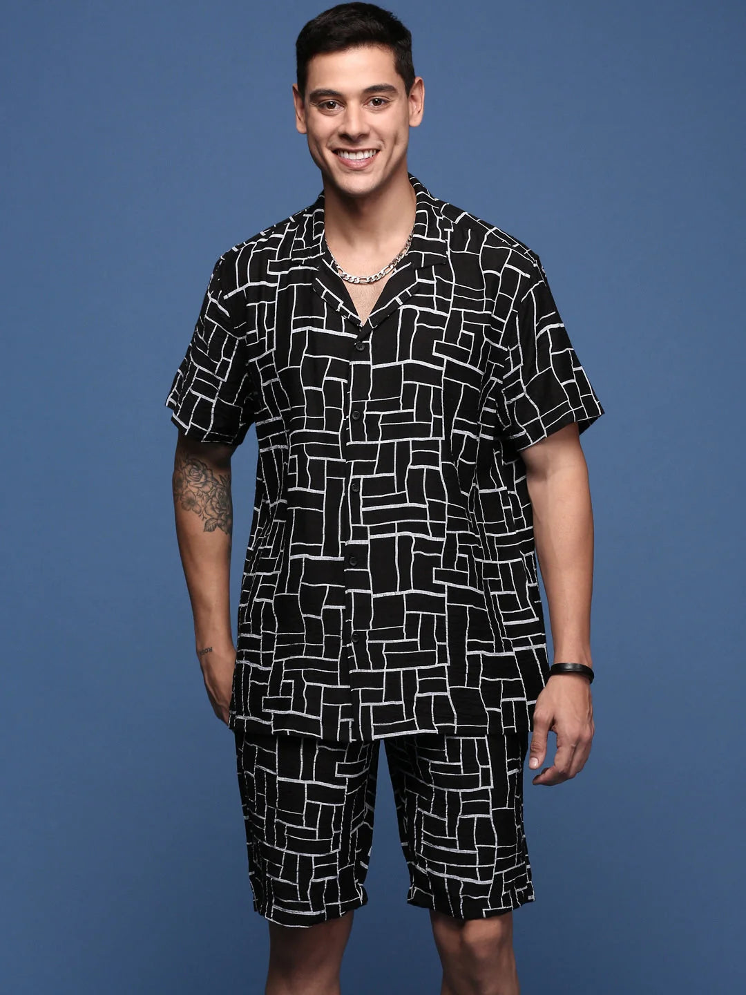 Black Geometric Print Mens Two Piece Sets - Cuban Collar Co Ords