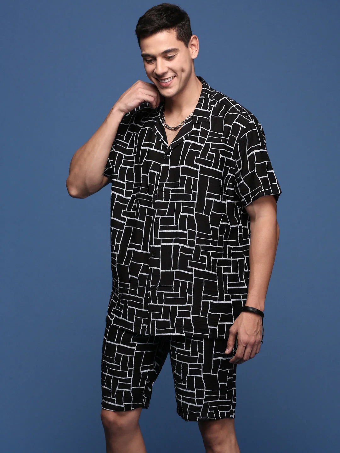 Black Geometric Print Mens Two Piece Sets - Cuban Collar Co Ords
