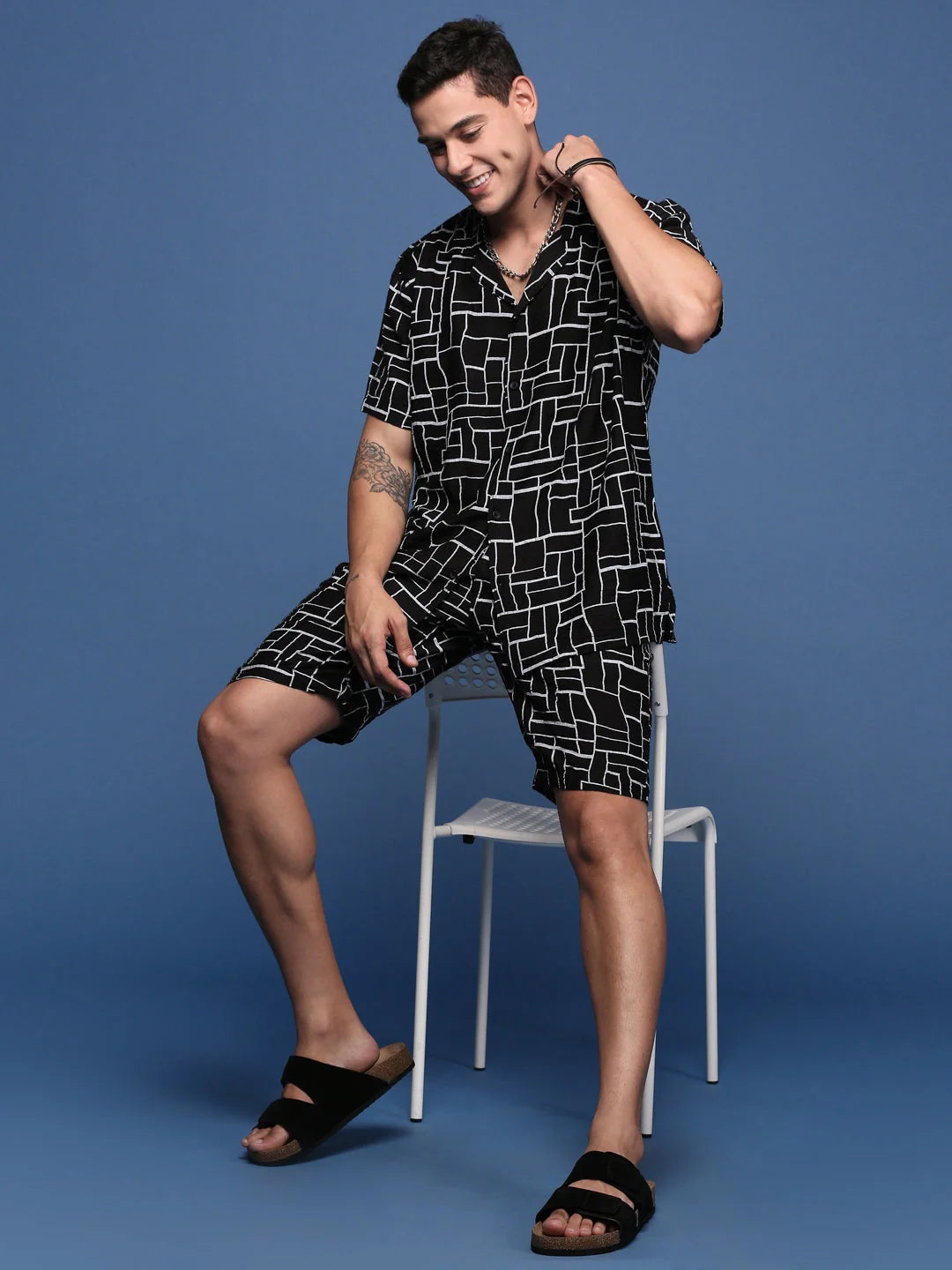 Black Geometric Print Mens Two Piece Sets - Cuban Collar Co Ords