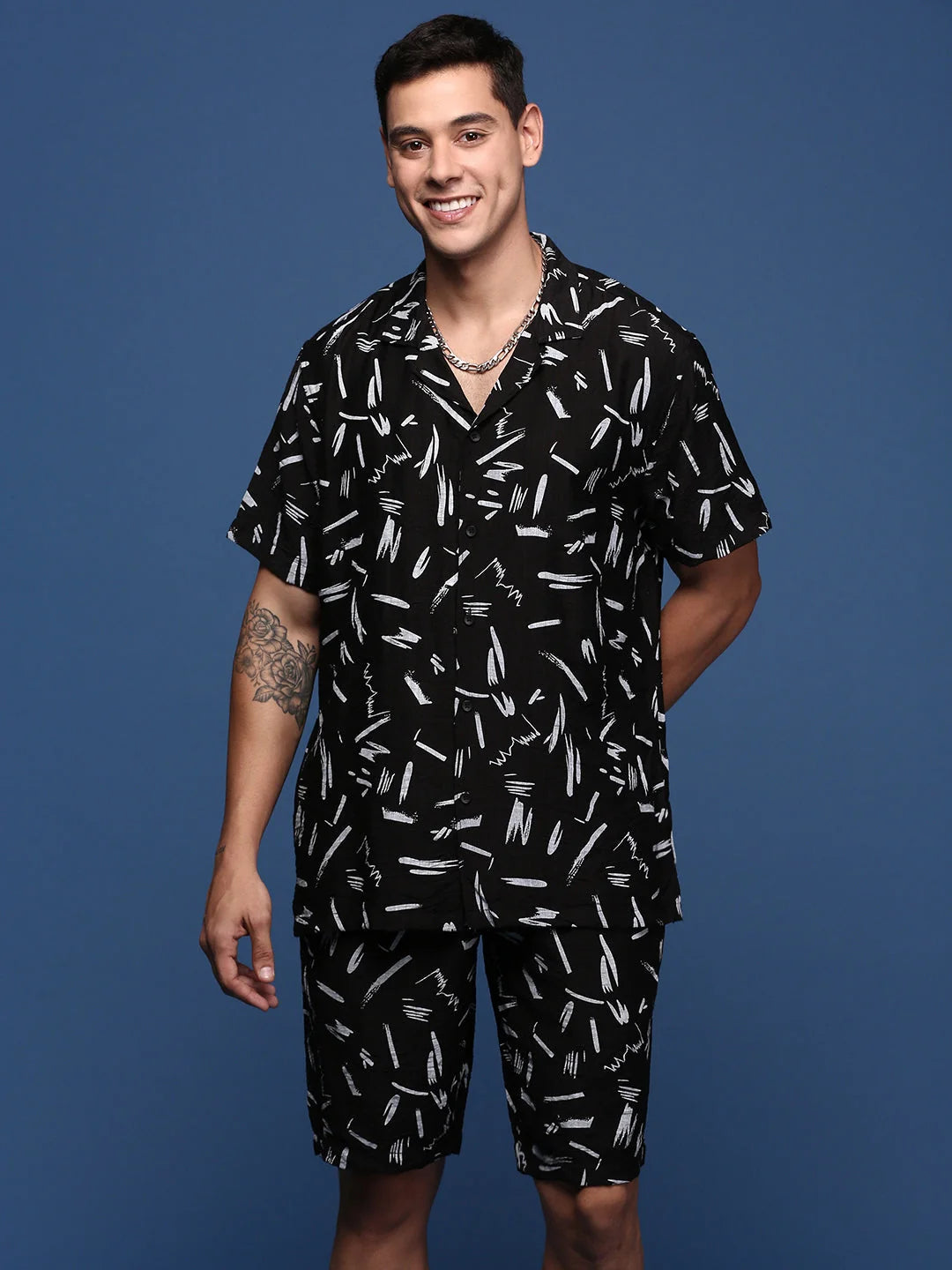 Mens Printed Black Co Ord Sets - Cuban Collar Casual Two Piece...