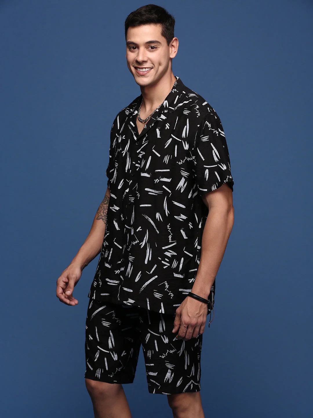 Mens Printed Black Co Ord Sets - Cuban Collar Casual Two Piece...