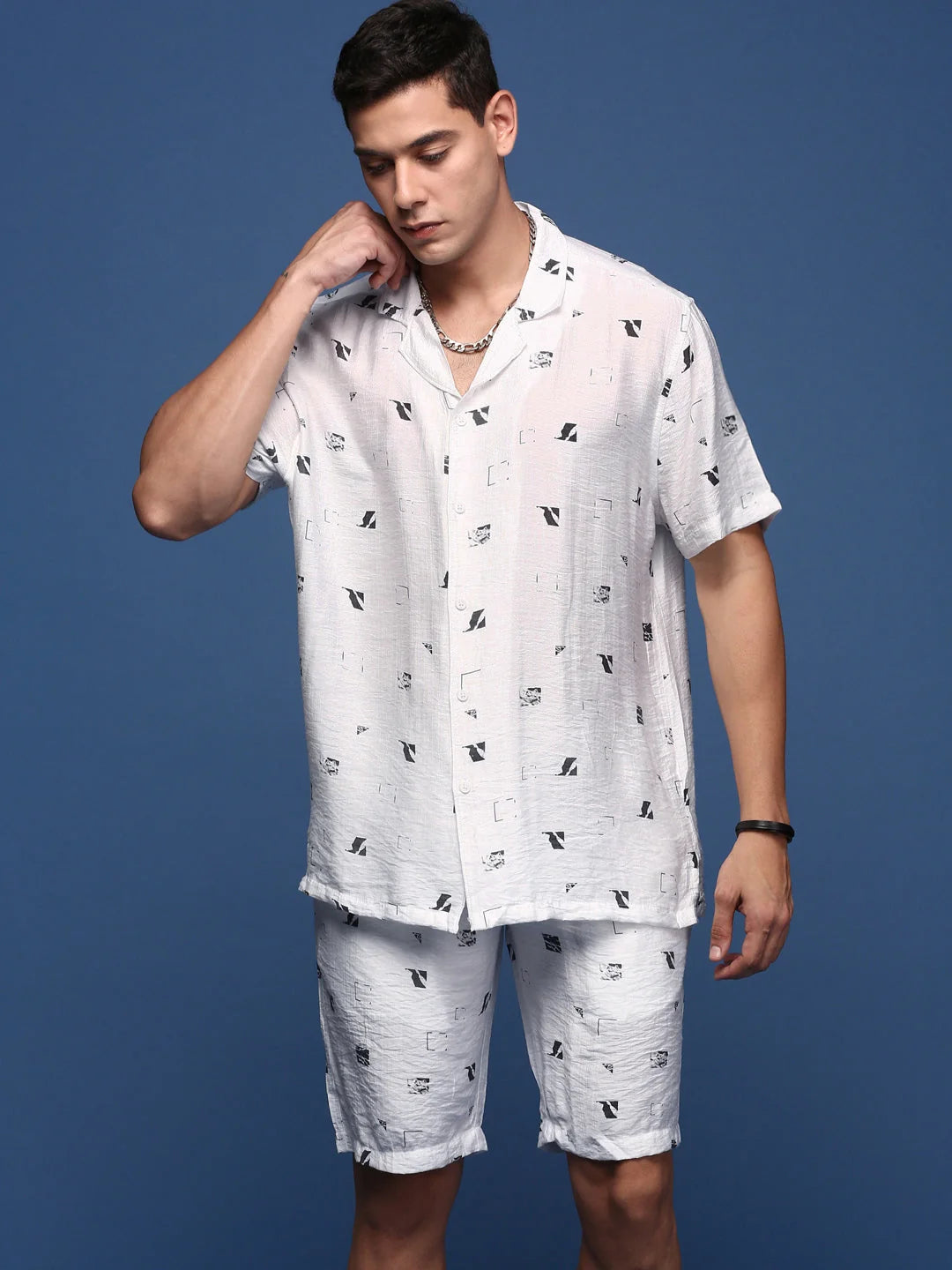 Mens Printed Cuban Collar White Co Ord Sets - Relaxed Fit