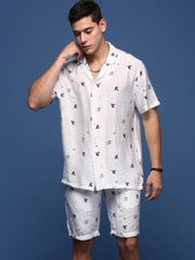 Men Printed Cuban Collar White Relaxed Fit Co-Ords Set-Timo-3000-White