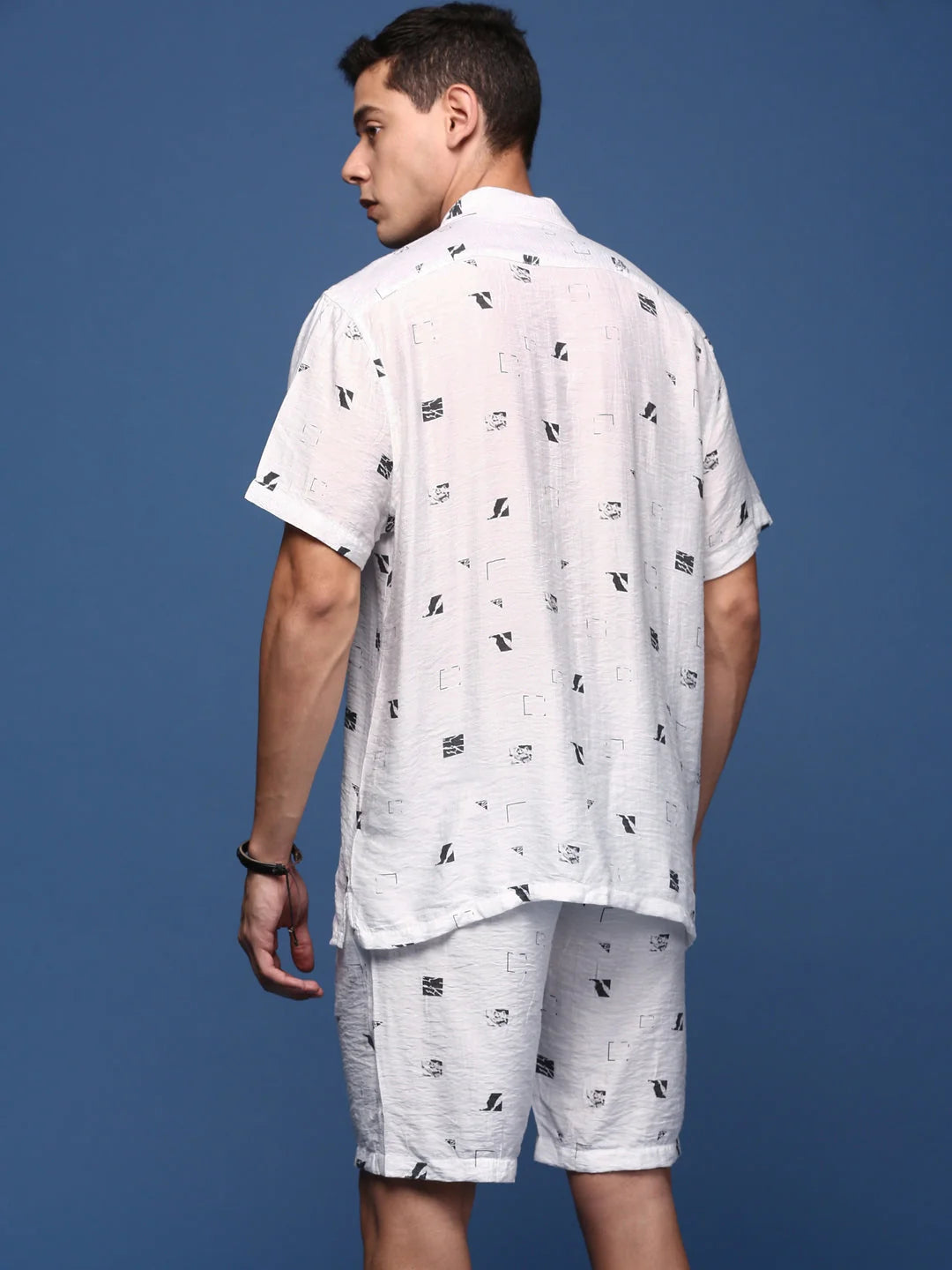 Mens Printed Cuban Collar White Co Ord Sets - Relaxed Fit