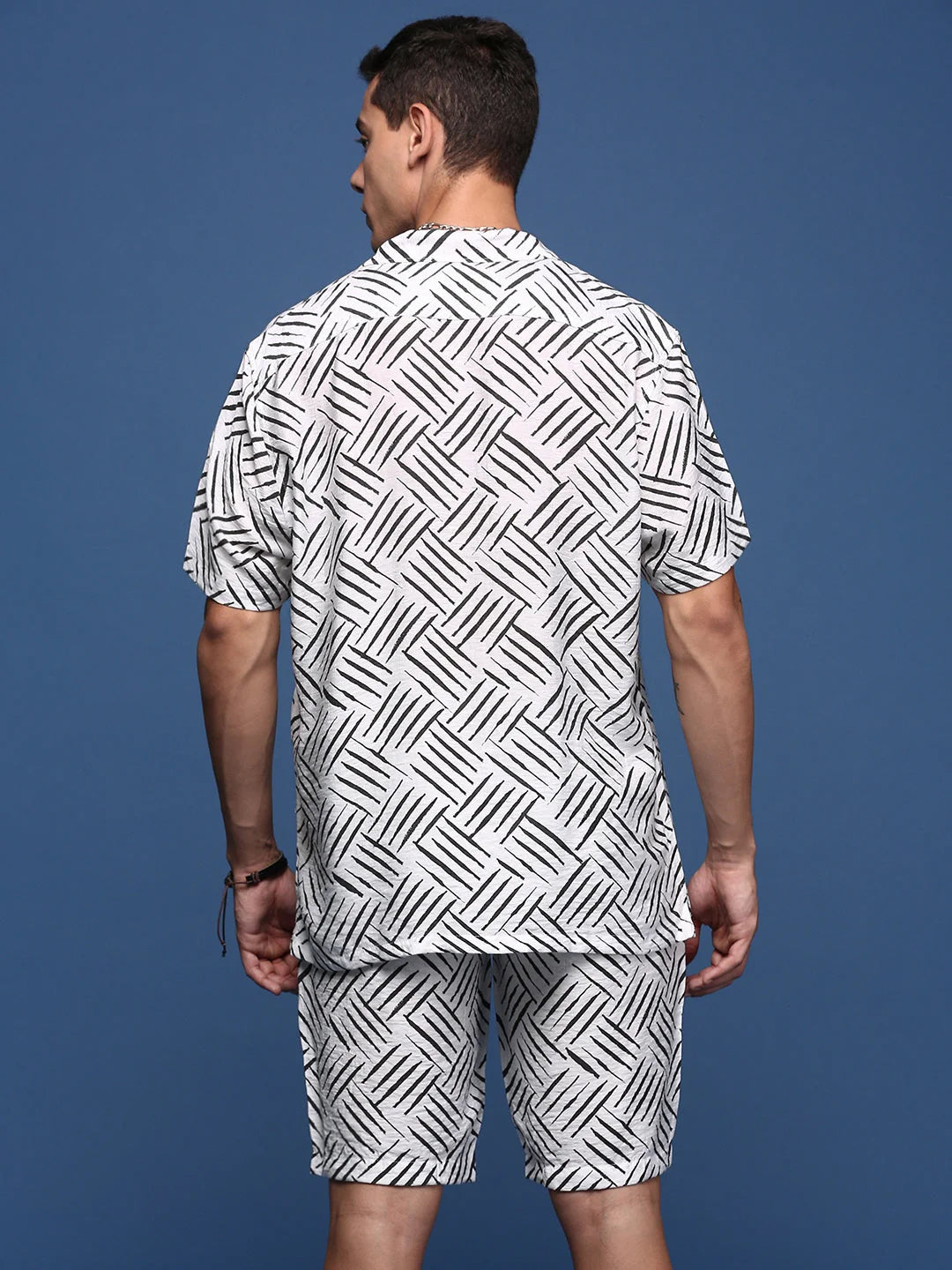 White Abstract Printed Men's Beach Casual Co-ord Sets