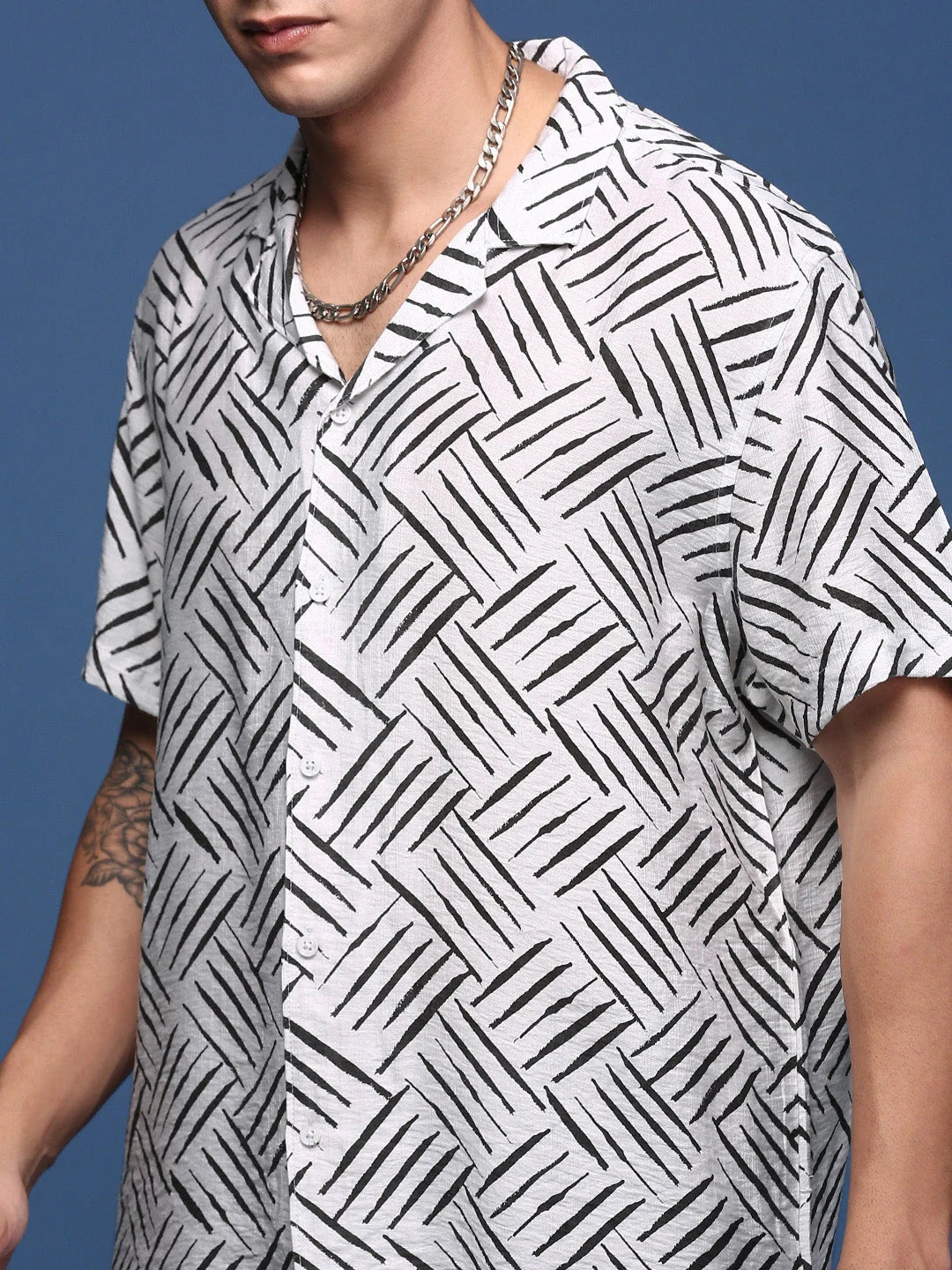 White Abstract Printed Men's Beach Casual Co-ord Sets