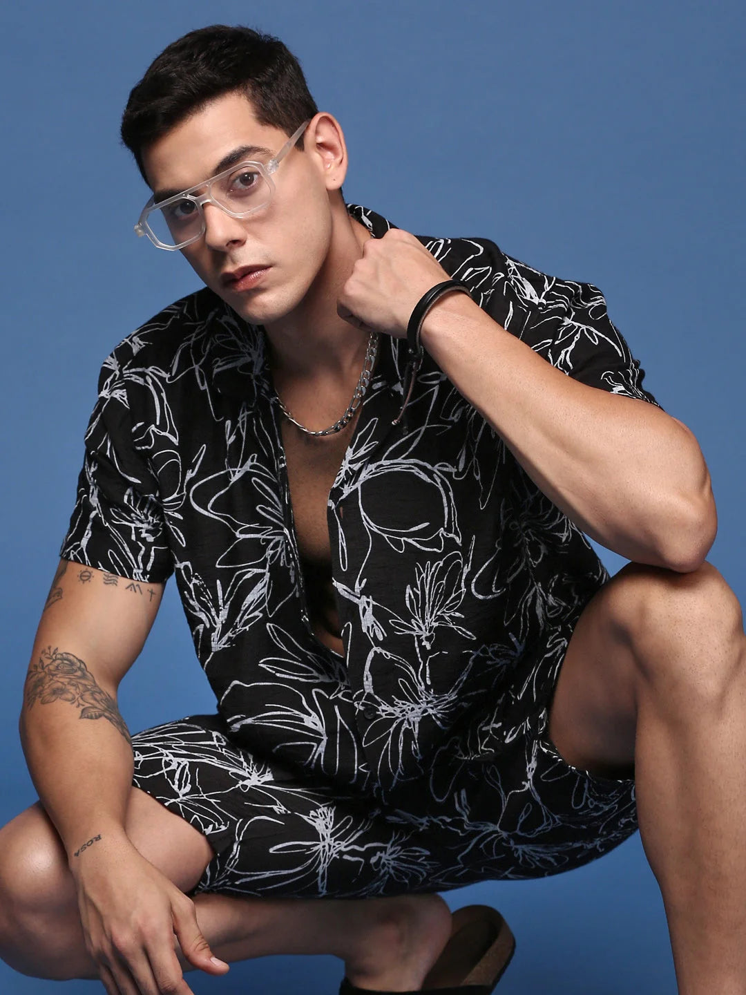 Floral Printed Mens Co Ord Sets - Black Cuban Collar Two Piece