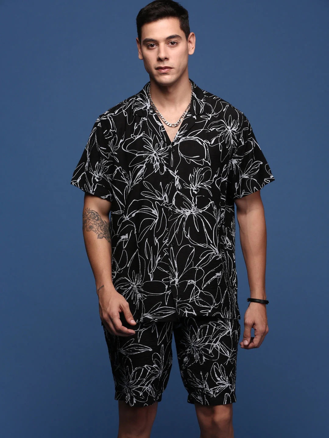 Floral Printed Mens Co Ord Sets - Black Cuban Collar Two Piece