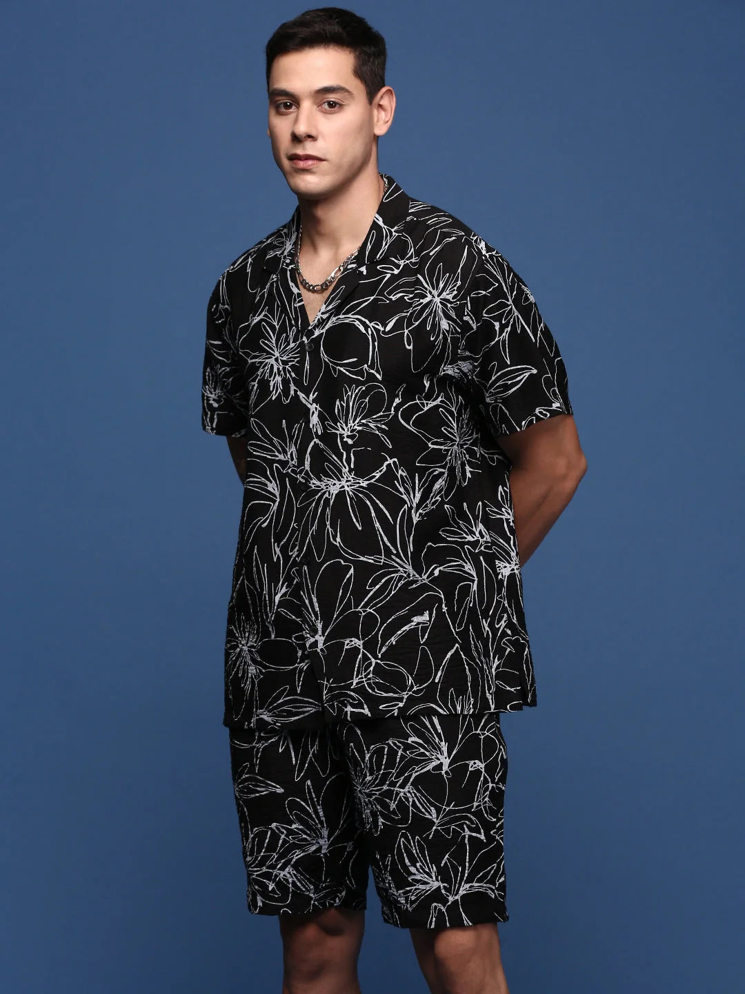 Floral Printed Mens Co Ord Sets - Black Cuban Collar Two Piece