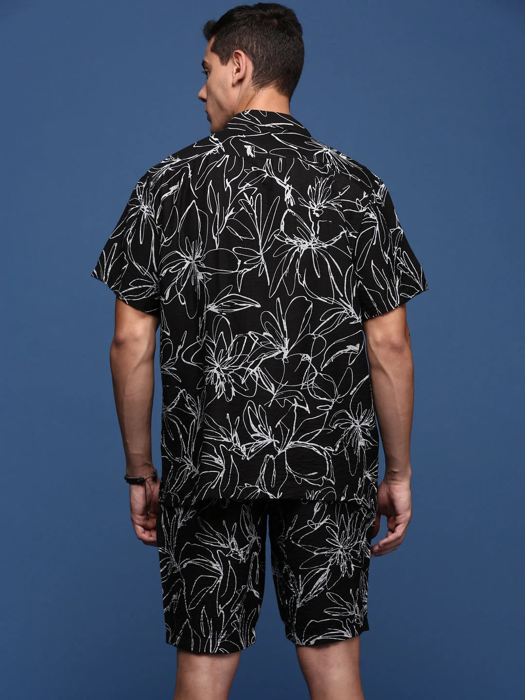 Floral Printed Mens Co Ord Sets - Black Cuban Collar Two Piece