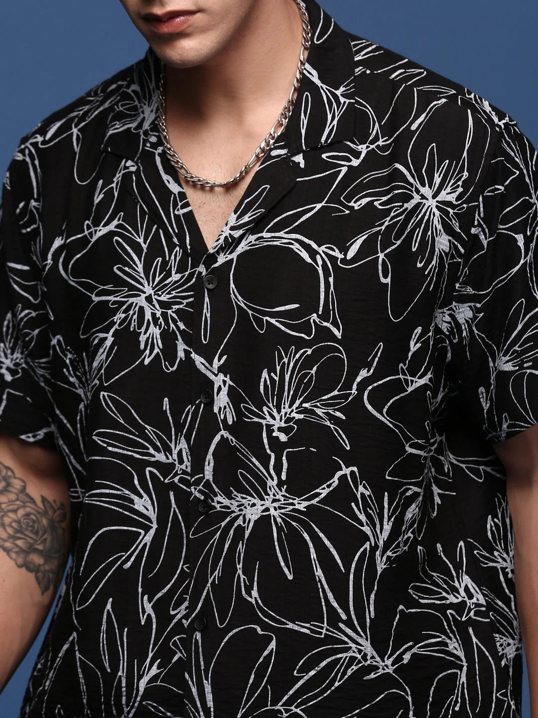 Floral Printed Mens Co Ord Sets - Black Cuban Collar Two Piece