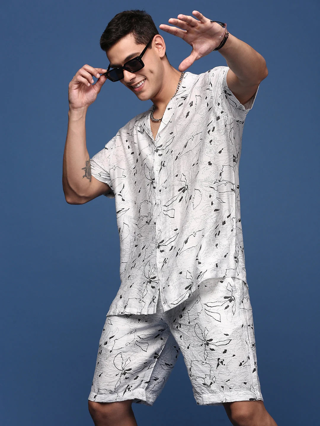 White Abstract Printed Men's Cotton Beach Co-ord Sets