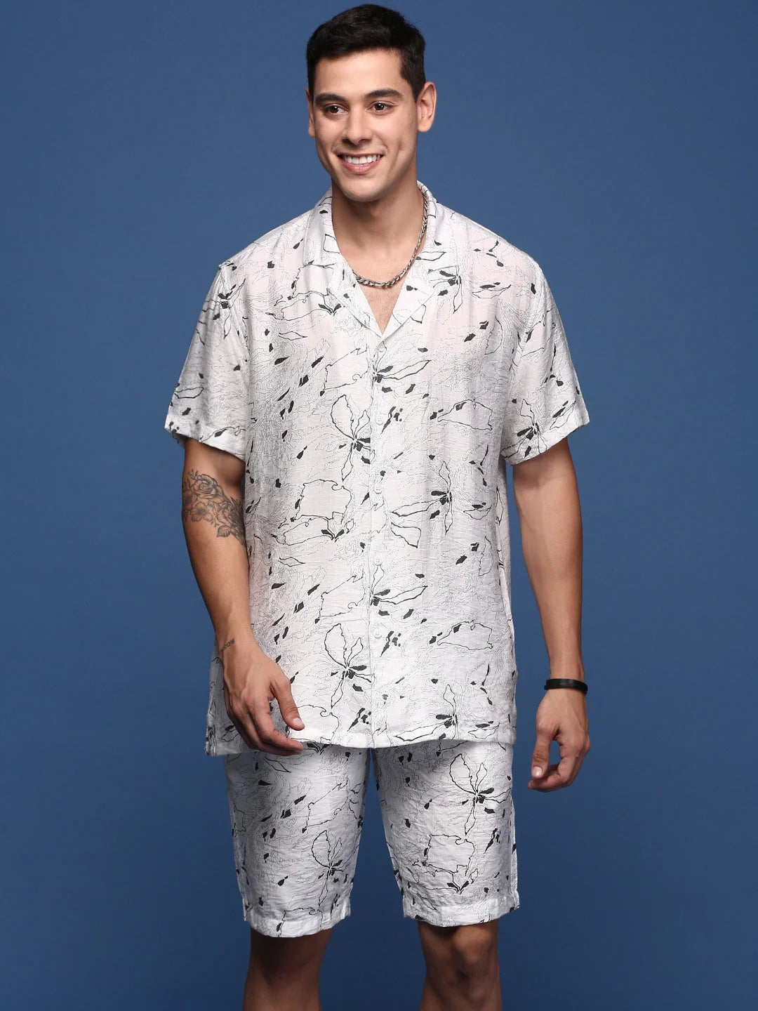 White Abstract Printed Men's Cotton Beach Co-ord Sets