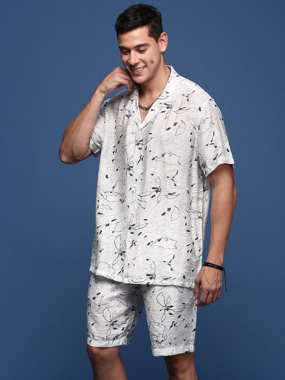 White Abstract Printed Men's Cotton Beach Co-ord Sets