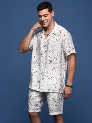 Men Printed Cuban Collar White Relaxed Fit Co-Ords Set-Timo-3016-White