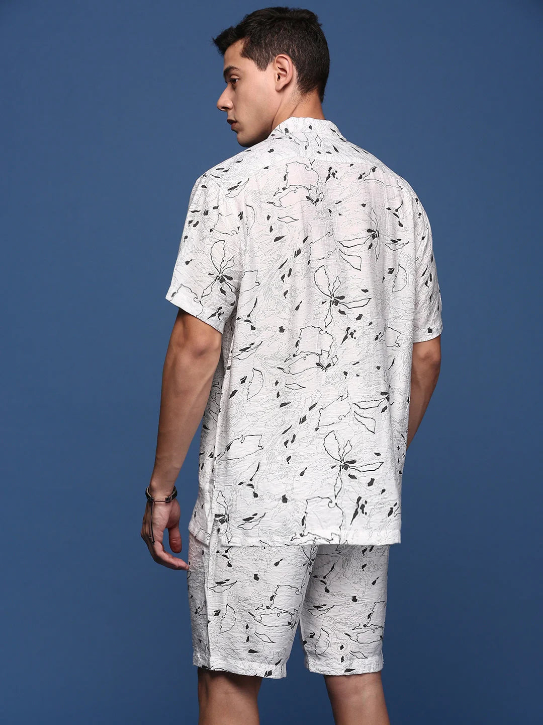 White Abstract Printed Men's Cotton Beach Co-ord Sets
