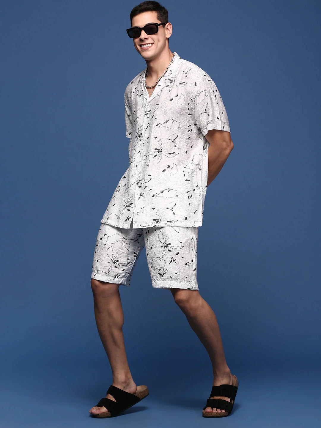 White Abstract Printed Men's Cotton Beach Co-ord Sets