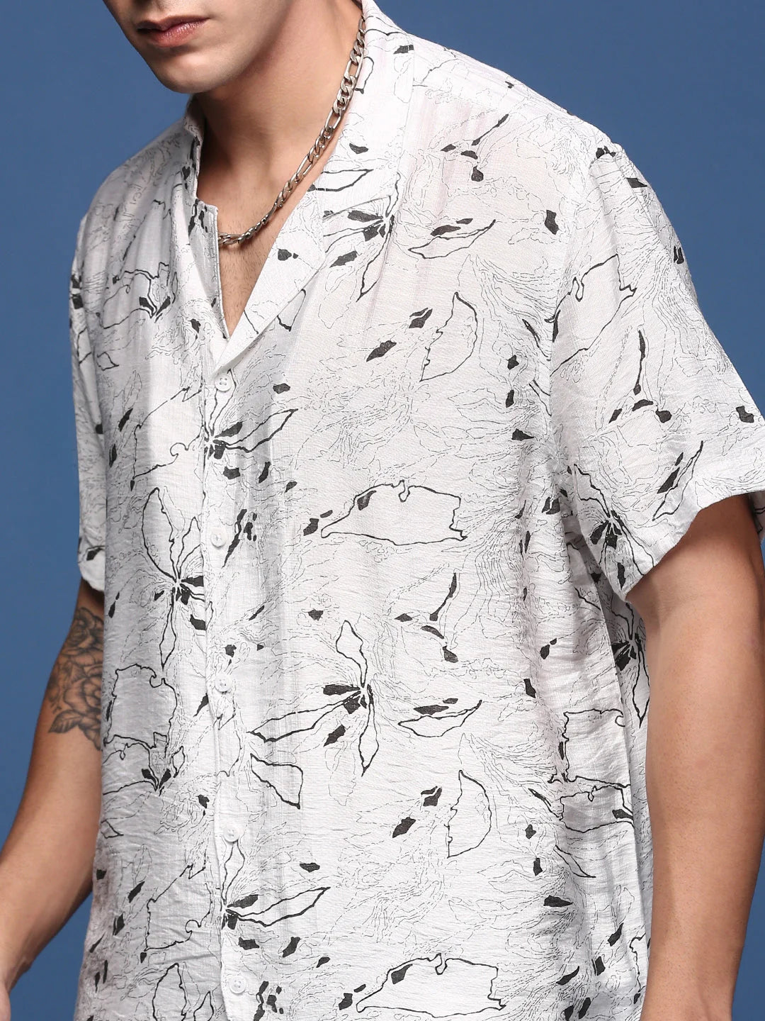 White Abstract Printed Men's Cotton Beach Co-ord Sets