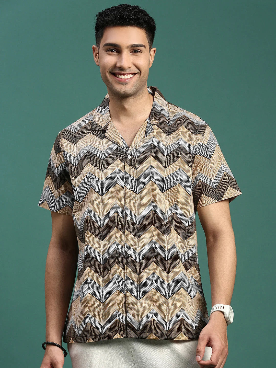 Geometric Print Cuban Collar Shirt | DesiQlo Men's Cotton Shirt