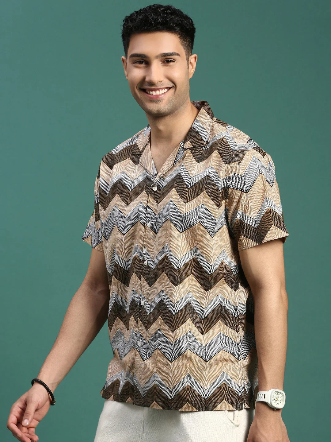 Geometric Print Cuban Collar Shirt | DesiQlo Men's Cotton Shirt