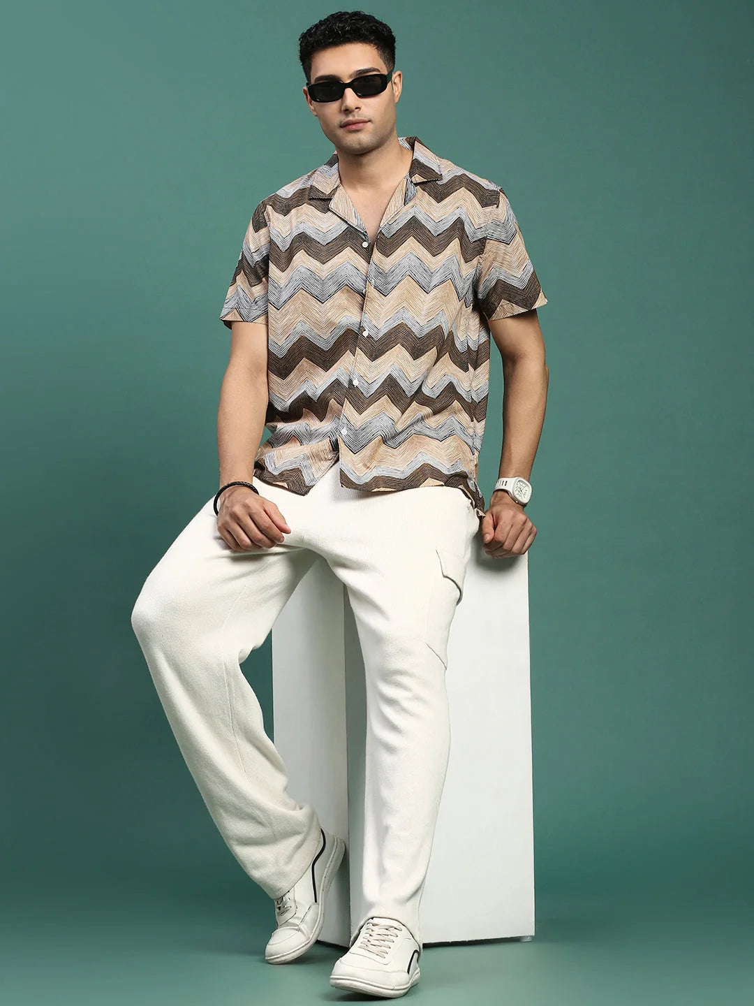 Geometric Print Cuban Collar Shirt | DesiQlo Men's Cotton Shirt