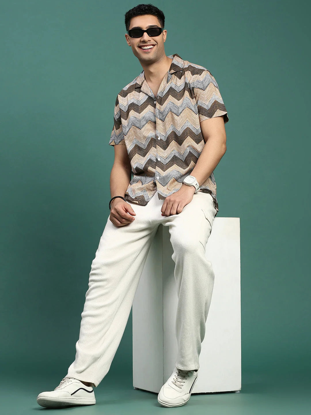 Geometric Print Cuban Collar Shirt | DesiQlo Men's Cotton Shirt