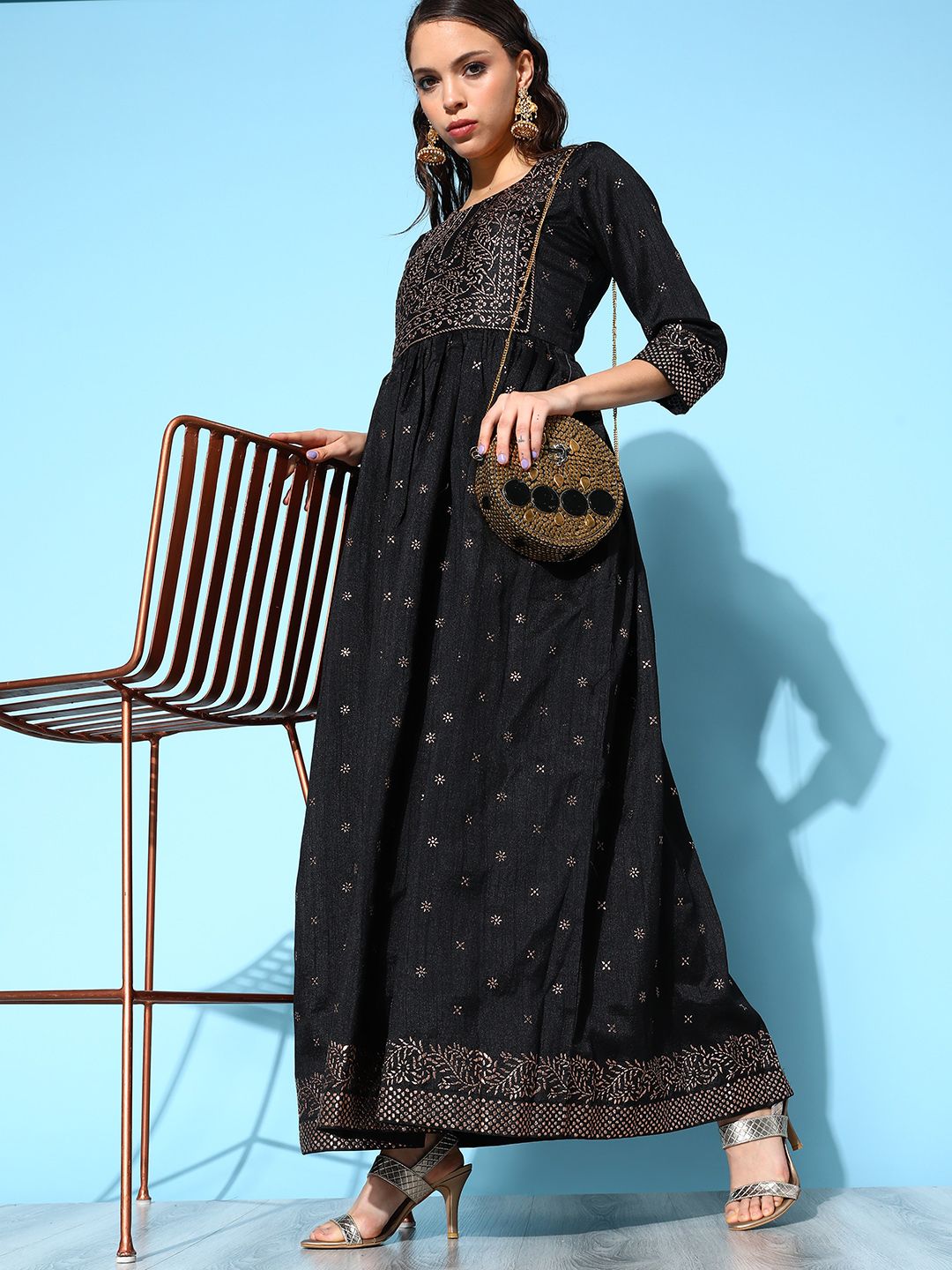 Black Printed Poly Silk Dress - Indian Dresses Online