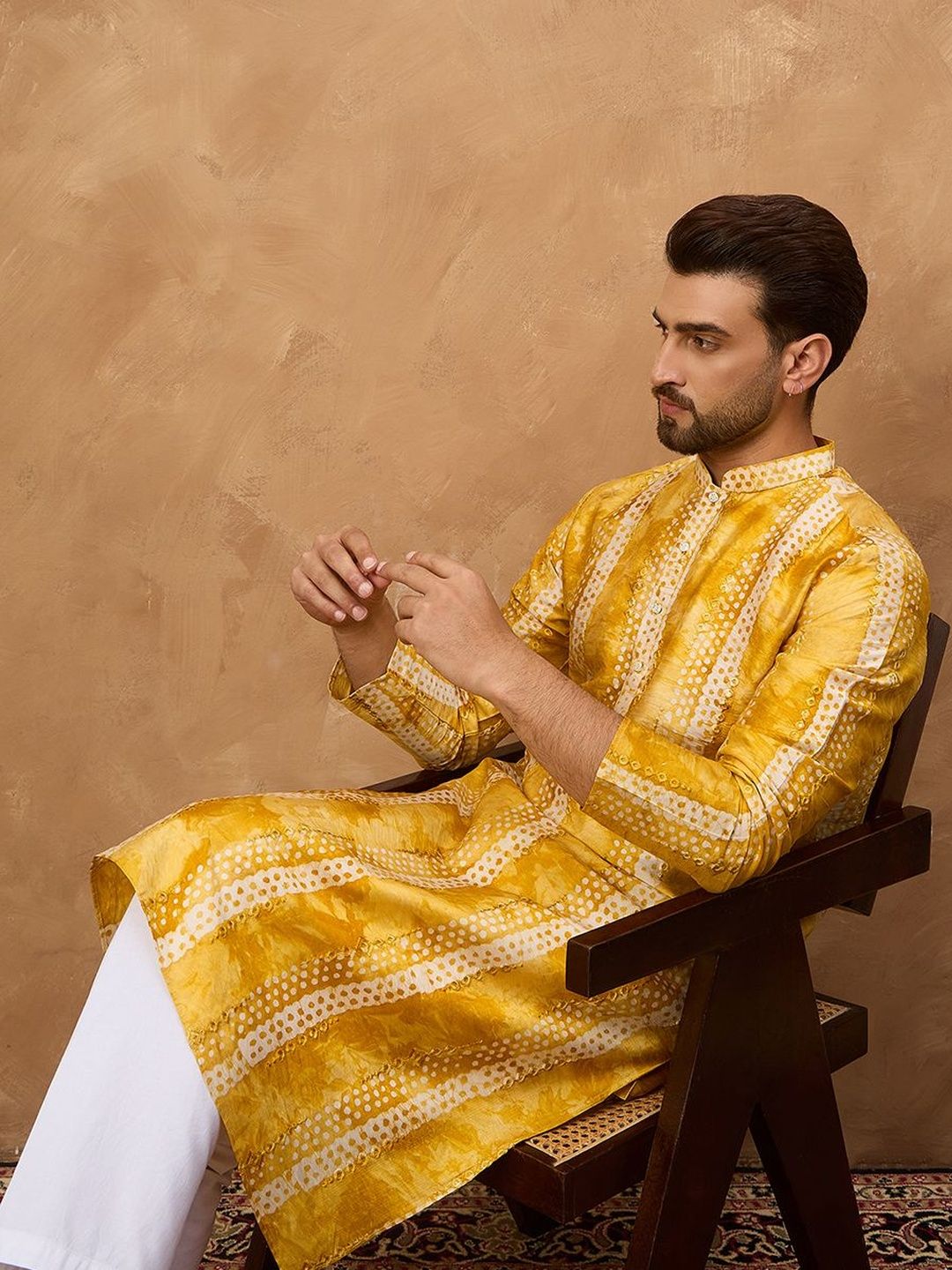 Ethnic Bay Men Yellow Silk Blend Shibori Embroidered Straight Kurta With Pant Set-MKSET1540