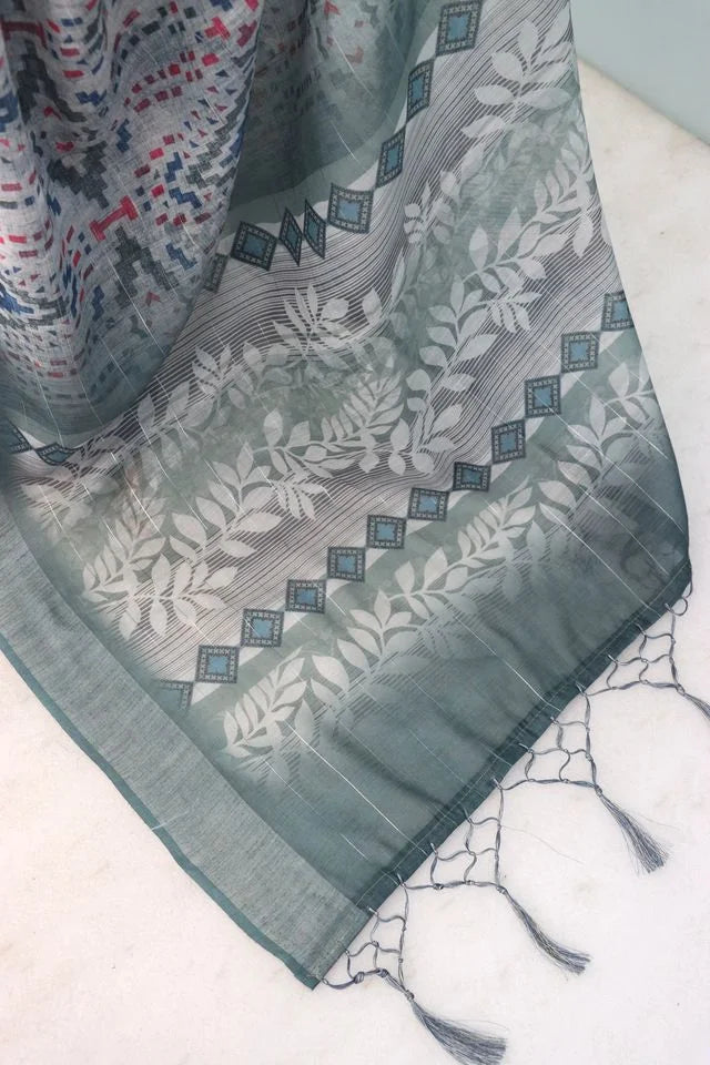 Linen Digital Print Grey Saree With Unstiched Blouse Piece