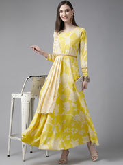 Yellow Digital Printed Draped Dress-AHDRCRDP-888