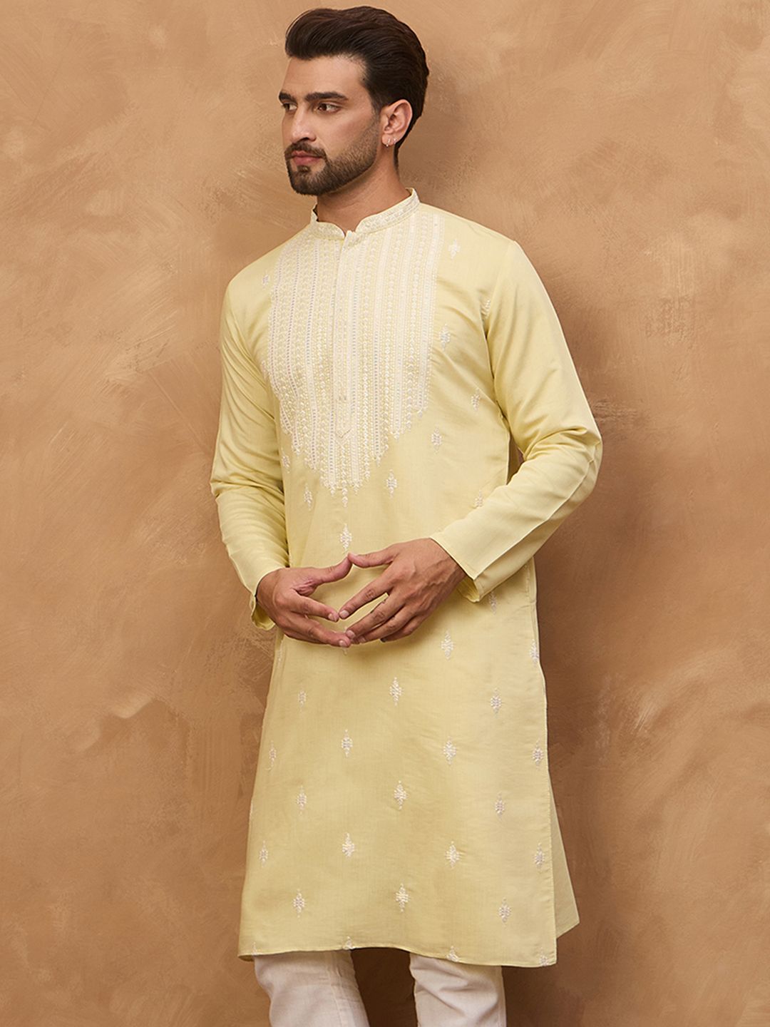 Ethnic Bay Men Yellow Silk Blend Solid Embroidered Straight Kurta With Pant Set-MKSET1509