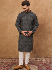 Ethnic Bay Men Black Silk Blend Geometric Printed Straight Kurta With Pant Set-MKSET1520