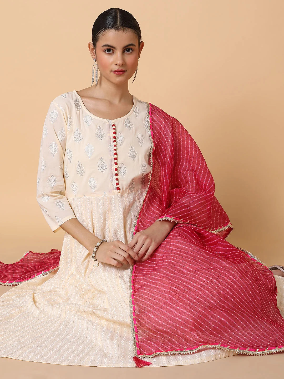Ethnic Cream Anarkali Kurta with Duppatta | Anarkali Suits