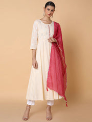 Women Ethnic Motifs Cream Anarkali Kurta with Duppatta-UB-2353-1-Cream