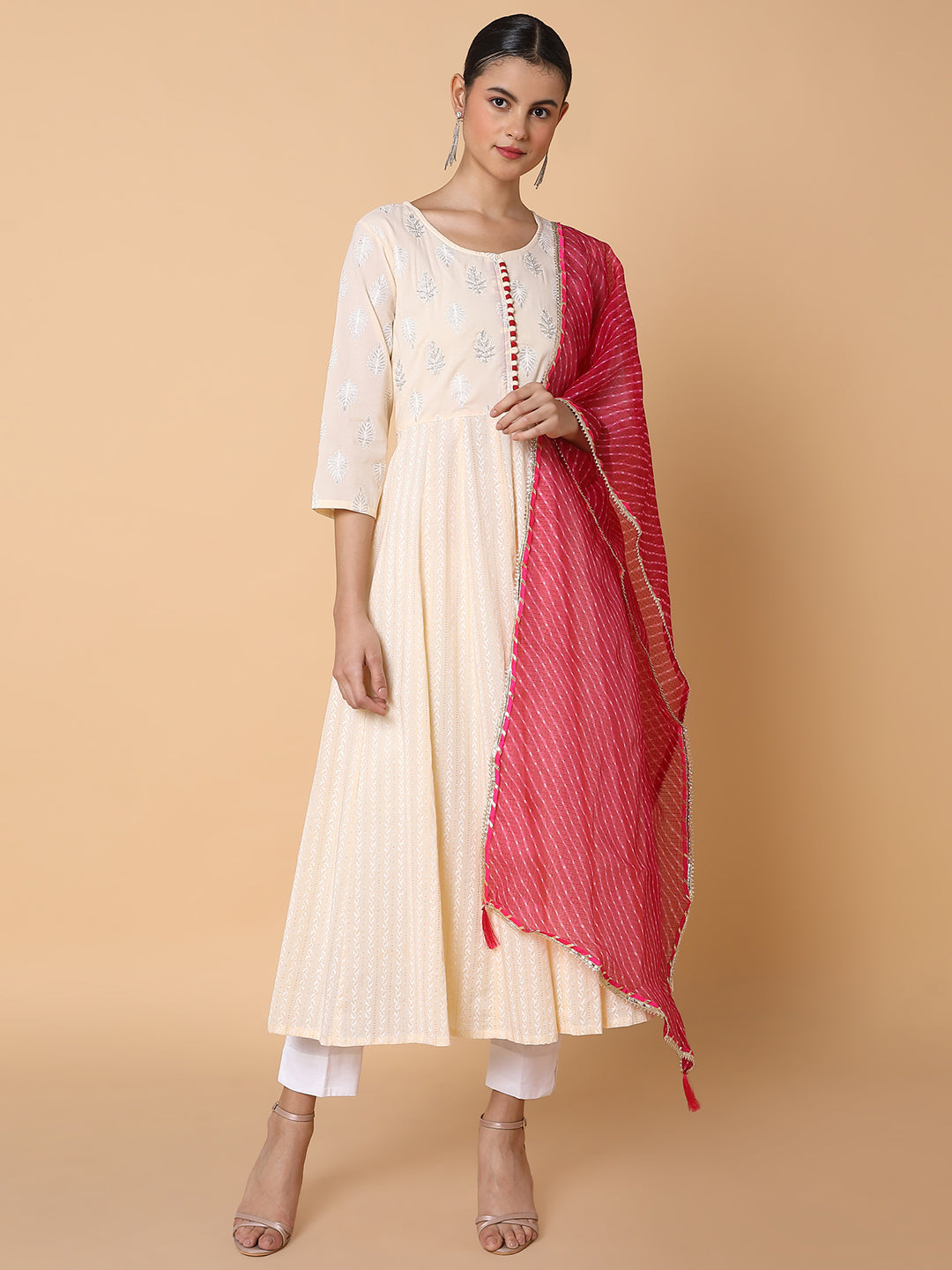 Ethnic Cream Anarkali Kurta with Duppatta | Anarkali Suits