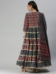 Women Anarkali Navy Blue Printed Kurta and Sharara-UB-2461-Navybluemaroon