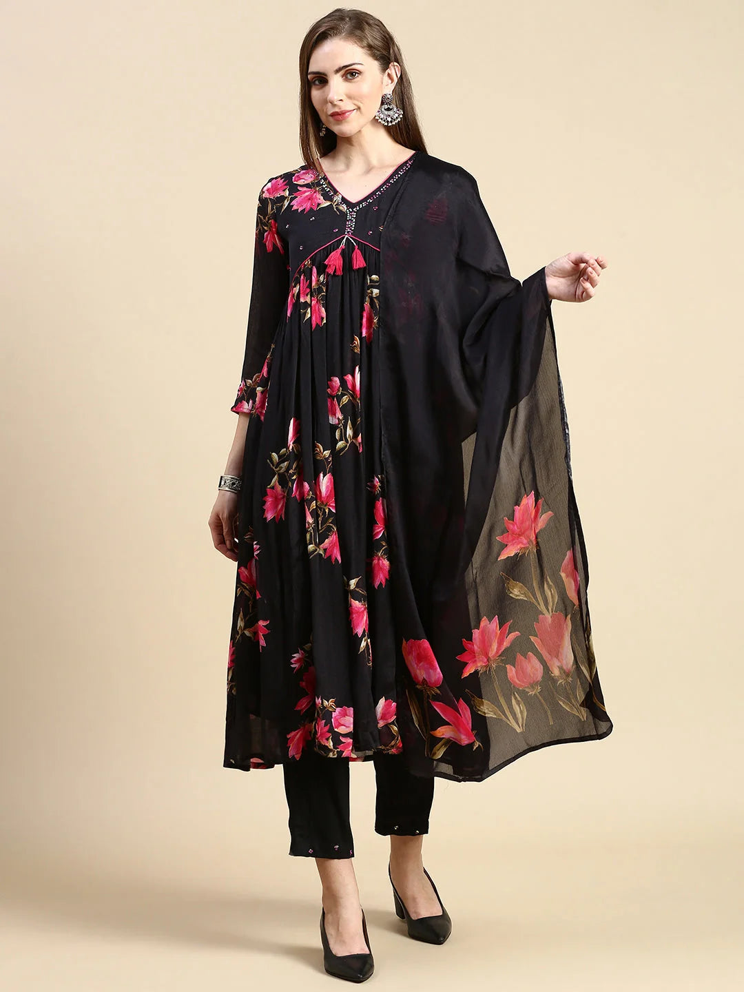 Black Floral Polyester Anarkali Kurta Set for Women & Dupatta