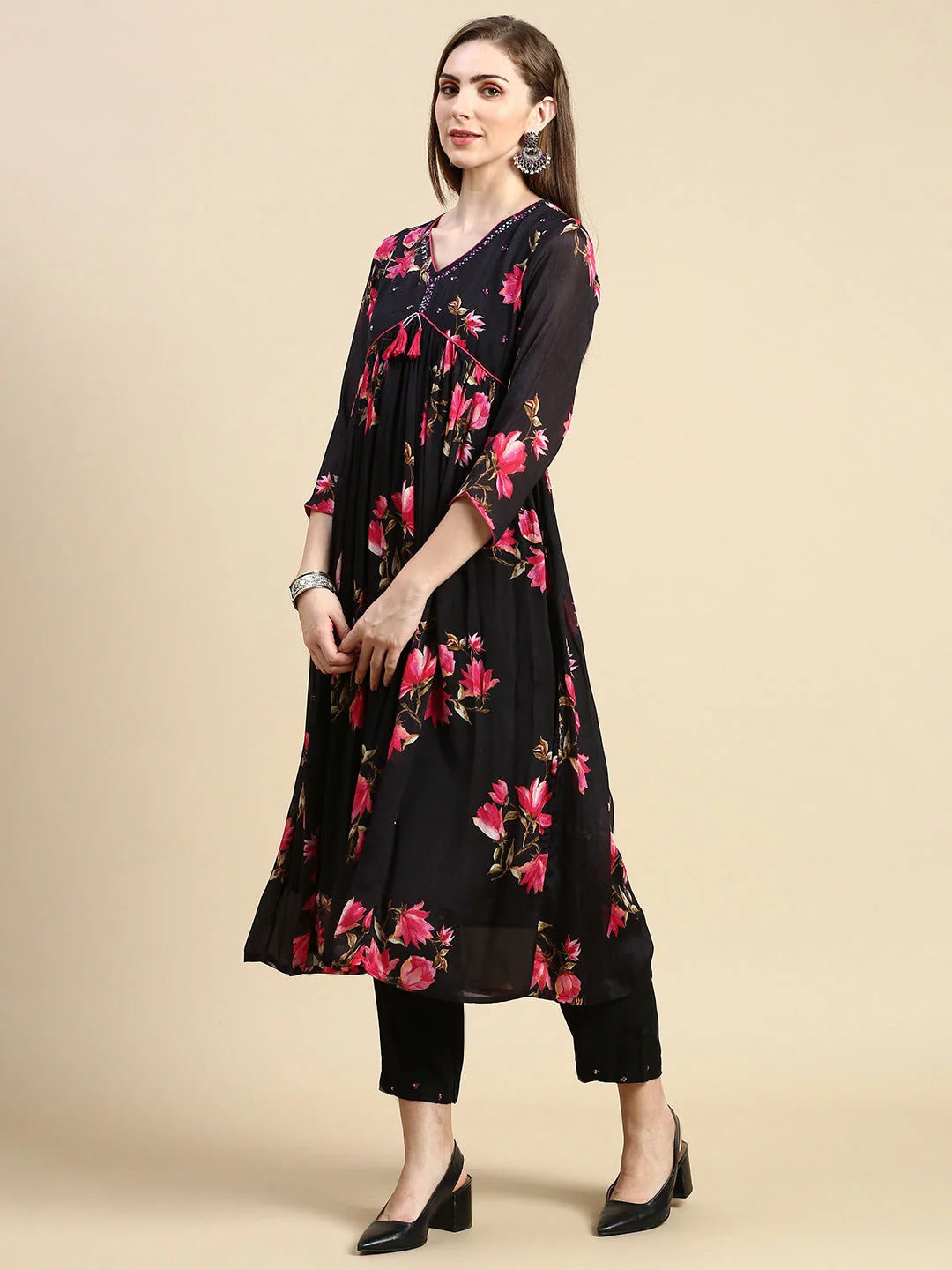 Black Floral Polyester Anarkali Kurta Set for Women & Dupatta