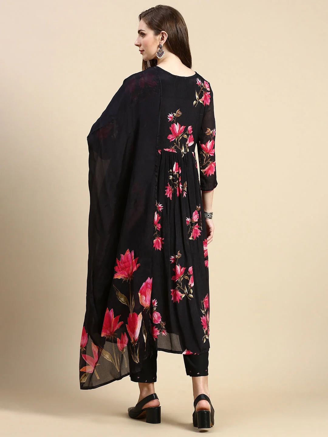 Black Floral Polyester Anarkali Kurta Set for Women & Dupatta