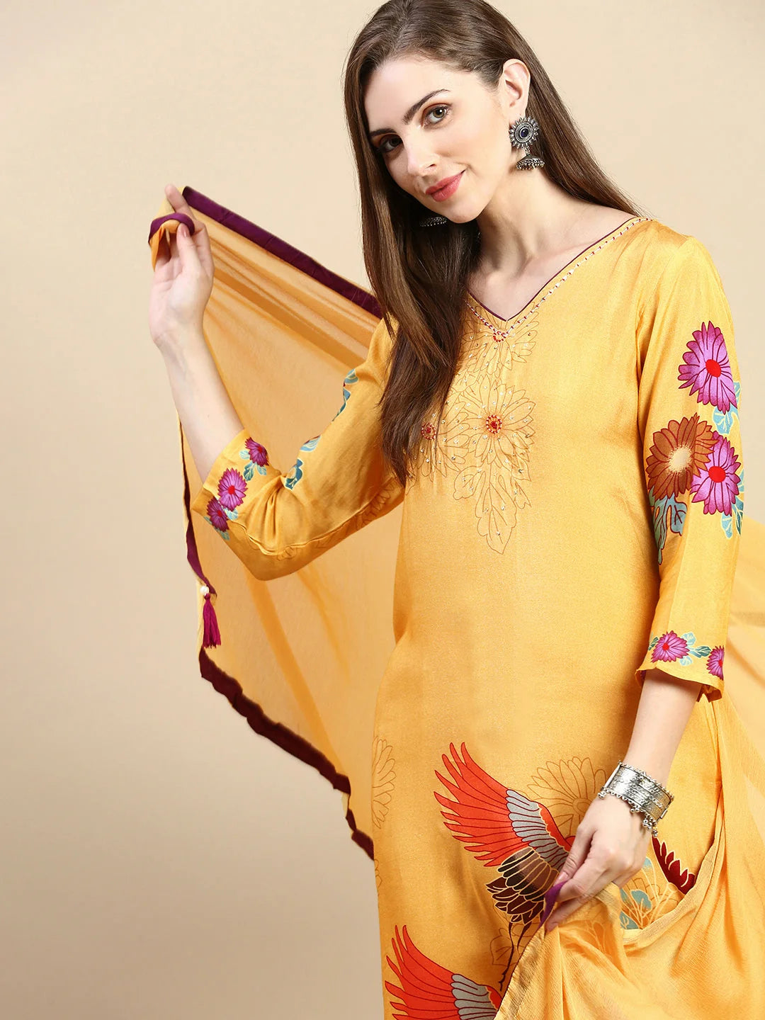 Mustard Floral Women's Kurta Set with Dupatta | Indian Kurtas