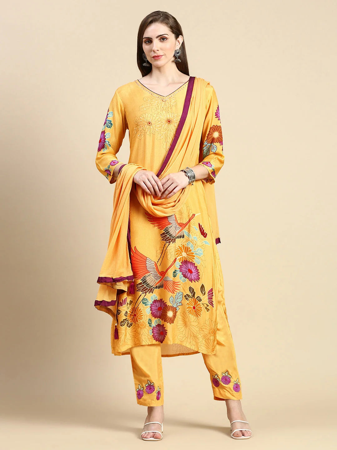 Mustard Floral Women's Kurta Set with Dupatta | Indian Kurtas