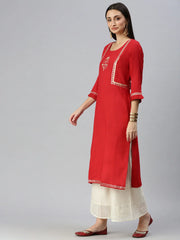 Women Straight Red Solid Kurta and Palazzos-UB1908-Red