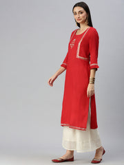 Women Straight Red Solid Kurta and Palazzos-UB1908-Red