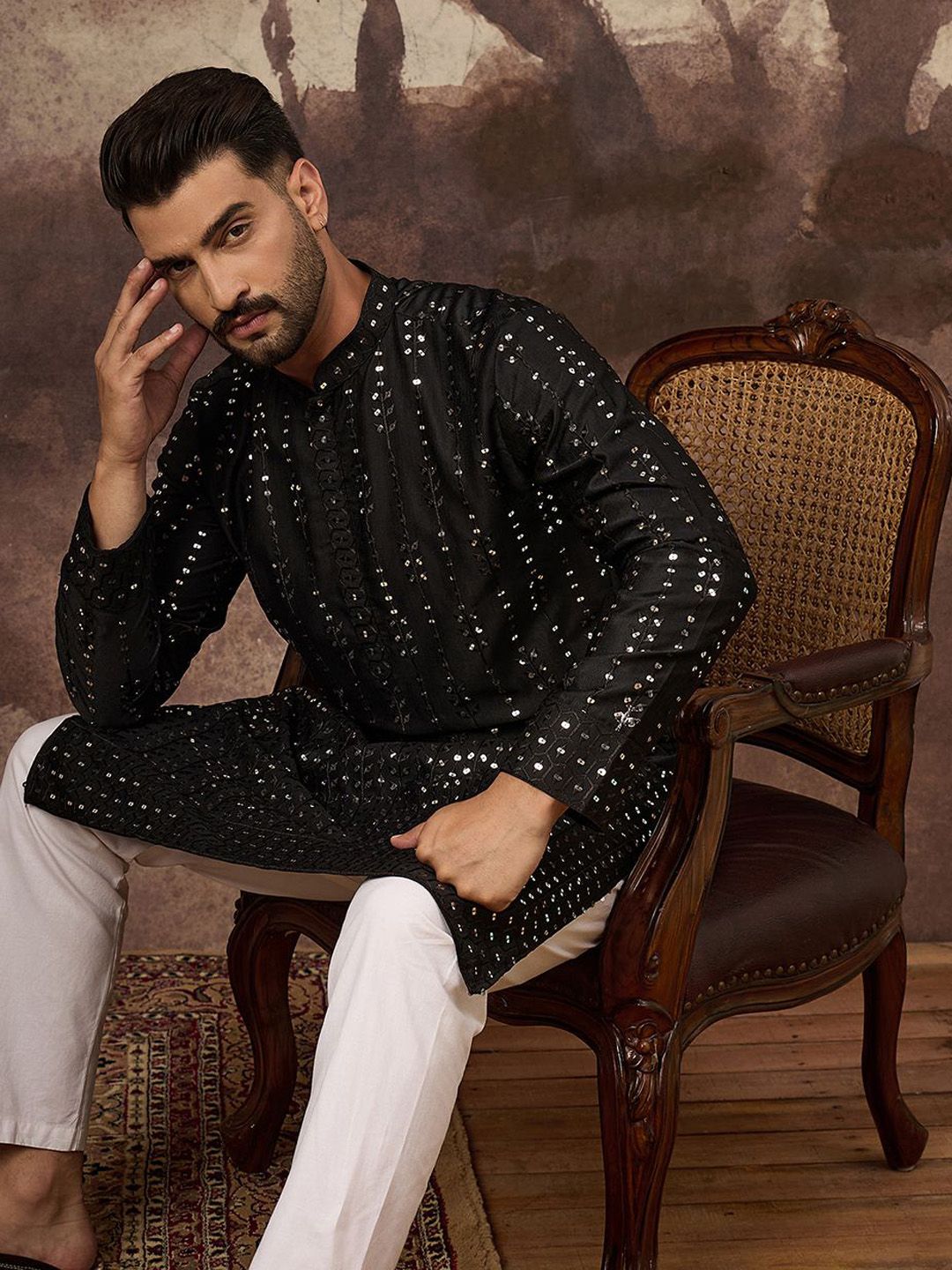 Ethnic Bay Men Black Silk Blend Solid Embroidered Straight Kurta With Pant Set-MKSET1360