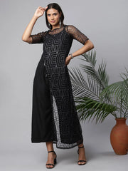 Black Crepe & Net Glitter Print Jumpsuit-AHJSNTGL-939-FF