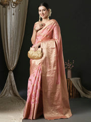 Women's Organza Pink Woven Design Designer Saree With Blouse Piece-UNATI1003