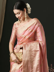 Women's Organza Pink Woven Design Designer Saree With Blouse Piece-UNATI1003